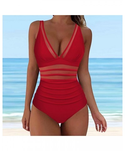 Women's One Piece Swimsuits Monokini One Piece Bathing Suits Tummy Control Cutout Mesh High Waisted Bathing Suit B-red $9.56 ...