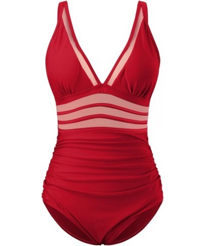 Women's One Piece Swimsuits Monokini One Piece Bathing Suits Tummy Control Cutout Mesh High Waisted Bathing Suit B-red $9.56 ...