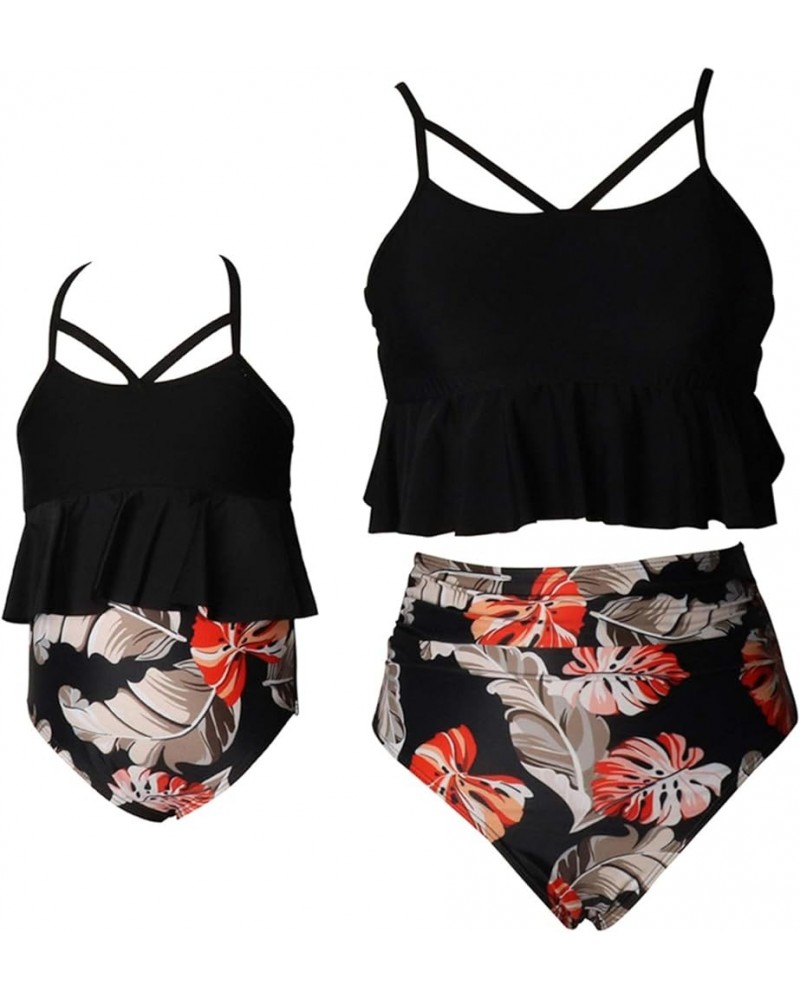 Mommy and Me Halter Ruffle Swimsuit Leaf Printed High Waisted Adjustable Straps Family Matching Bikini Set 3black $11.28 Swim...