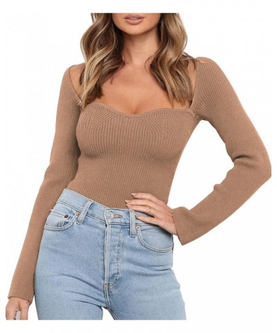 Women's Sweetheart Neckline Sweater 2024 Spring Ribbed Knit Slim Fit Pullover Tops Dark Apricot $17.39 Sweaters