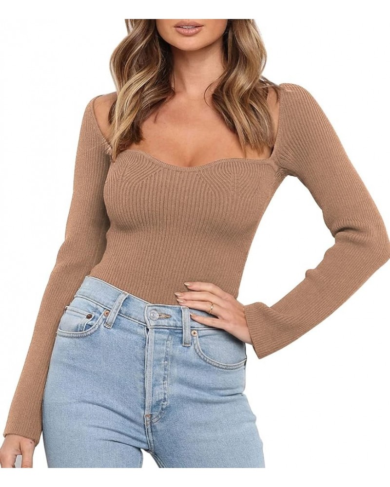 Women's Sweetheart Neckline Sweater 2024 Spring Ribbed Knit Slim Fit Pullover Tops Dark Apricot $17.39 Sweaters