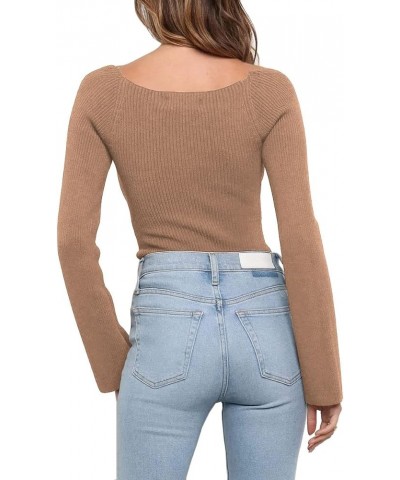 Women's Sweetheart Neckline Sweater 2024 Spring Ribbed Knit Slim Fit Pullover Tops Dark Apricot $17.39 Sweaters