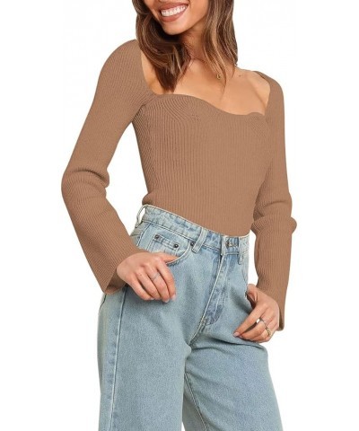 Women's Sweetheart Neckline Sweater 2024 Spring Ribbed Knit Slim Fit Pullover Tops Dark Apricot $17.39 Sweaters