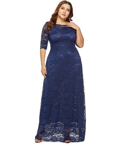 Womens Floral Lace 2/3 Sleeves Maxi Dress Plus Size Evening Party Dress Navy Blue $25.49 Dresses