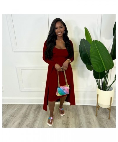 Women's Long Sleeve Cardigan 2 Piece Set - U Neck Spaghetti Strap Knit Bodycon Midi Dress Casual Cardigan Sets Red $26.00 Swe...