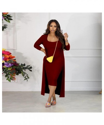 Women's Long Sleeve Cardigan 2 Piece Set - U Neck Spaghetti Strap Knit Bodycon Midi Dress Casual Cardigan Sets Red $26.00 Swe...