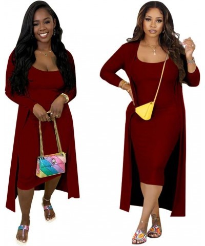 Women's Long Sleeve Cardigan 2 Piece Set - U Neck Spaghetti Strap Knit Bodycon Midi Dress Casual Cardigan Sets Red $26.00 Swe...