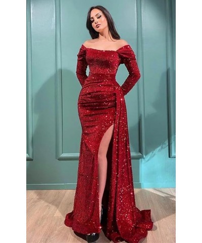 Women's Sequin Mermaid Prom Dress with Sleeves Pleated Formal Evening Gowns with Slit YG278 B Pink $30.75 Dresses