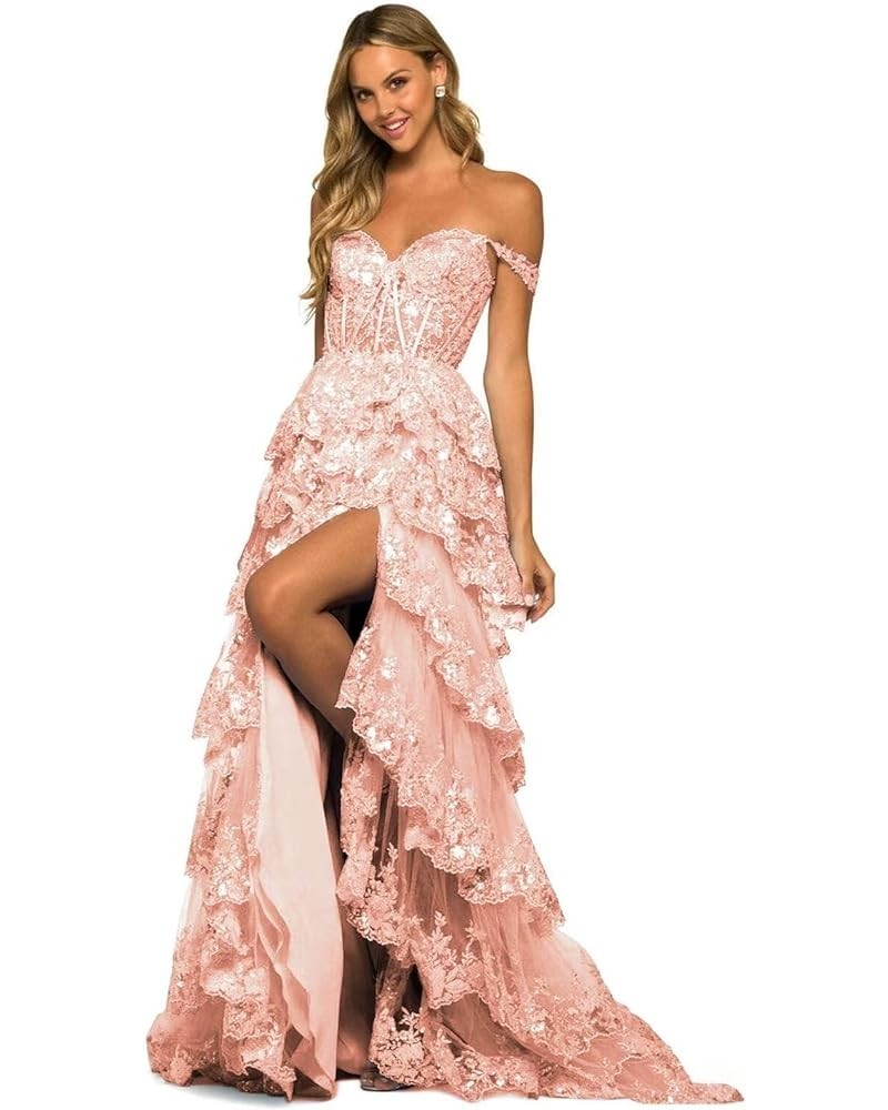 Tiered Lace 2024 Prom Dresses Long Sequin A Line Evening Dresses with Slit Off Shoulder Formal Gowns for Women Rose Gold $39....