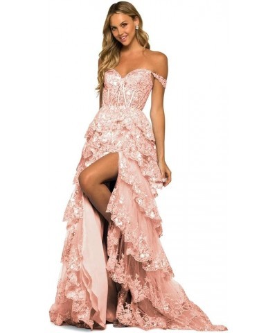 Tiered Lace 2024 Prom Dresses Long Sequin A Line Evening Dresses with Slit Off Shoulder Formal Gowns for Women Rose Gold $39....