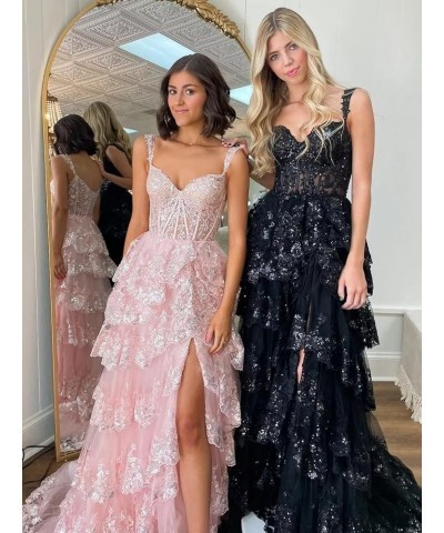 Tiered Lace 2024 Prom Dresses Long Sequin A Line Evening Dresses with Slit Off Shoulder Formal Gowns for Women Rose Gold $39....