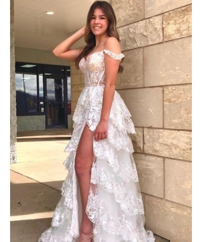 Tiered Lace 2024 Prom Dresses Long Sequin A Line Evening Dresses with Slit Off Shoulder Formal Gowns for Women Rose Gold $39....