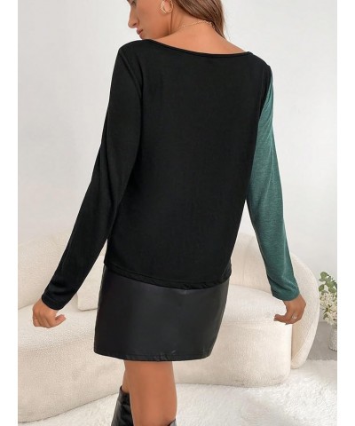 Women's Two Tone Button Front Round Neck Long Sleeve Tee Colorblock T Shirt Green Black $11.76 T-Shirts