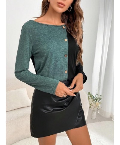 Women's Two Tone Button Front Round Neck Long Sleeve Tee Colorblock T Shirt Green Black $11.76 T-Shirts