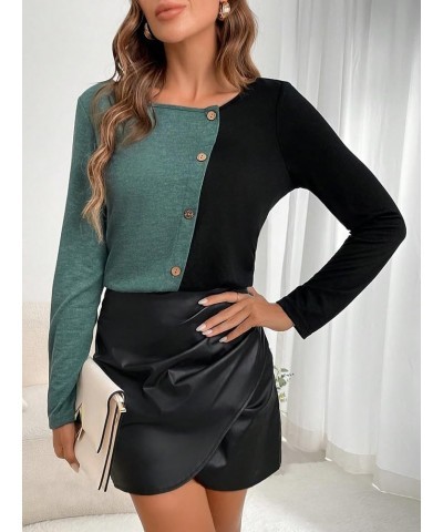 Women's Two Tone Button Front Round Neck Long Sleeve Tee Colorblock T Shirt Green Black $11.76 T-Shirts