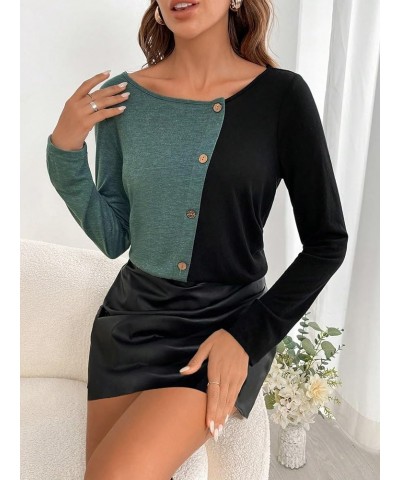 Women's Two Tone Button Front Round Neck Long Sleeve Tee Colorblock T Shirt Green Black $11.76 T-Shirts