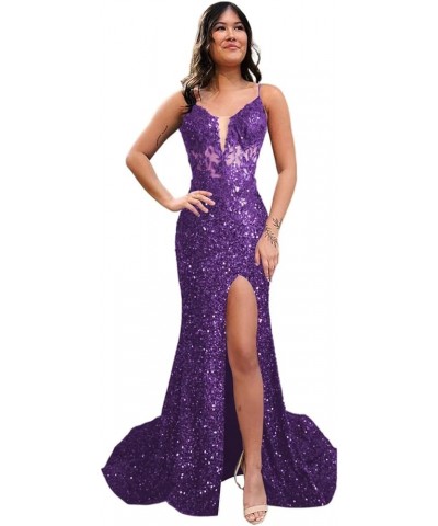 V Neck Prom Dresses 2024 with Slit Floral Sparkly Sequin Formal Gown SYYS422 Purple $34.80 Dresses