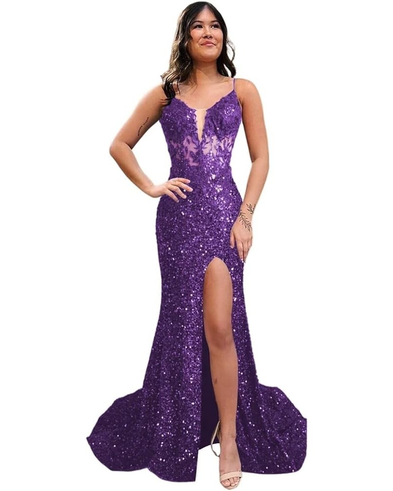 V Neck Prom Dresses 2024 with Slit Floral Sparkly Sequin Formal Gown SYYS422 Purple $34.80 Dresses