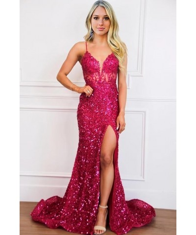 V Neck Prom Dresses 2024 with Slit Floral Sparkly Sequin Formal Gown SYYS422 Purple $34.80 Dresses