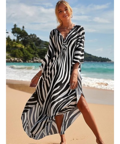 Kaftan Dresses for Women Plus Size Lightweight Swimsuit Cover up Batwing Sleeve Print Loungewear Beach Robe Strip $19.24 Swim...