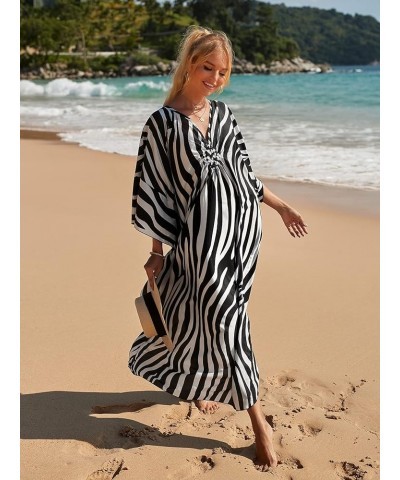 Kaftan Dresses for Women Plus Size Lightweight Swimsuit Cover up Batwing Sleeve Print Loungewear Beach Robe Strip $19.24 Swim...