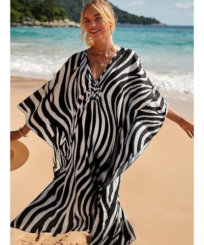 Kaftan Dresses for Women Plus Size Lightweight Swimsuit Cover up Batwing Sleeve Print Loungewear Beach Robe Strip $19.24 Swim...