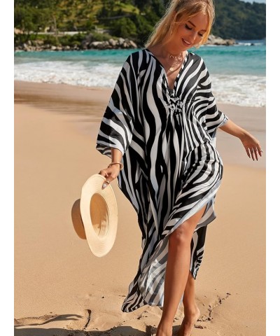 Kaftan Dresses for Women Plus Size Lightweight Swimsuit Cover up Batwing Sleeve Print Loungewear Beach Robe Strip $19.24 Swim...