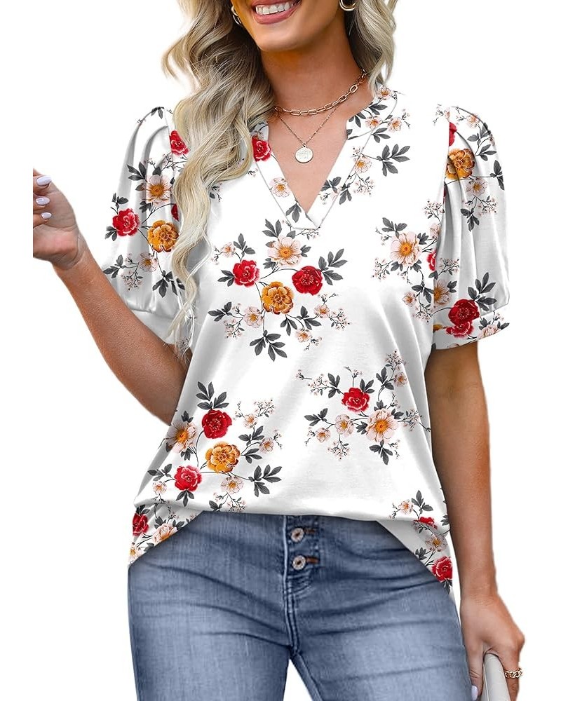 Women's Pleated Puff Sleeve Tops Summer V Neck Tunic Shirts Loose Curved Hem Blouses Dressy Casual S-3XL C24-white Floral $15...