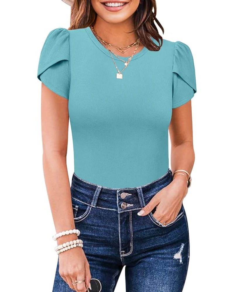 Women's Short Sleeve Shirt Round Neck Summer Casual Blouses Tops A04_ Blue Green $16.16 T-Shirts