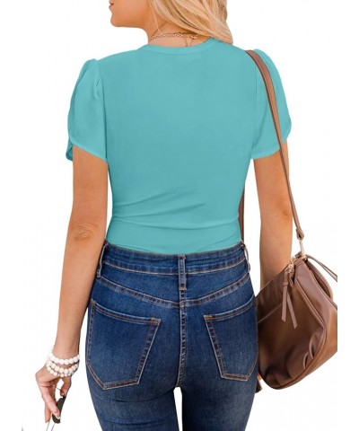 Women's Short Sleeve Shirt Round Neck Summer Casual Blouses Tops A04_ Blue Green $16.16 T-Shirts