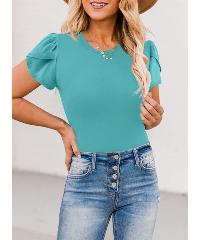 Women's Short Sleeve Shirt Round Neck Summer Casual Blouses Tops A04_ Blue Green $16.16 T-Shirts