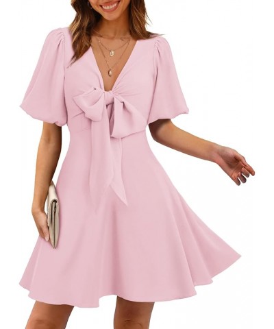 Women's Knot Front Casual Dresses V Neck Short Puff Sleeve Mini Dress 07- Pink $19.32 Dresses