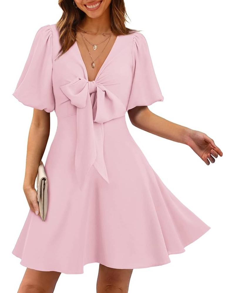 Women's Knot Front Casual Dresses V Neck Short Puff Sleeve Mini Dress 07- Pink $19.32 Dresses