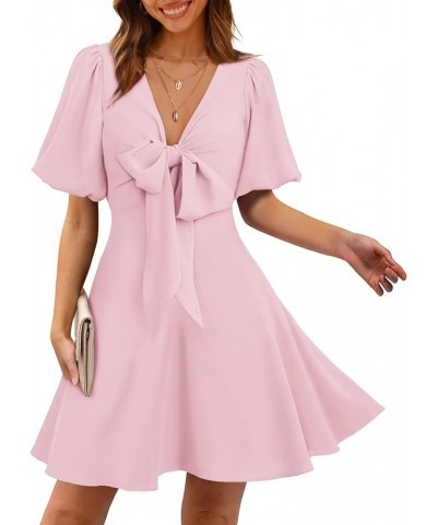 Women's Knot Front Casual Dresses V Neck Short Puff Sleeve Mini Dress 07- Pink $19.32 Dresses