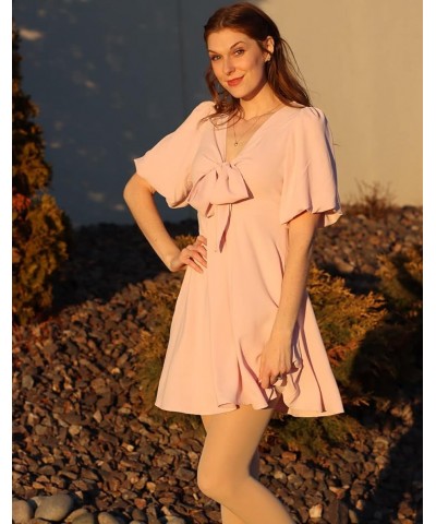 Women's Knot Front Casual Dresses V Neck Short Puff Sleeve Mini Dress 07- Pink $19.32 Dresses