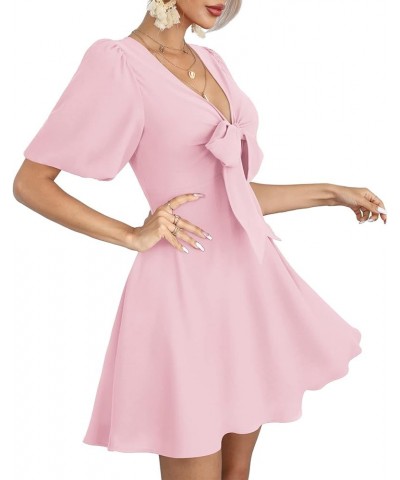 Women's Knot Front Casual Dresses V Neck Short Puff Sleeve Mini Dress 07- Pink $19.32 Dresses