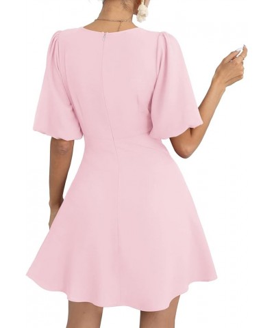 Women's Knot Front Casual Dresses V Neck Short Puff Sleeve Mini Dress 07- Pink $19.32 Dresses