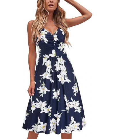 Women's Summer Casual Beach Dresses V Neck Spaghetti Straps Floral Backless Swing Mini Sun Dress C5a-navy $7.26 Swimsuits