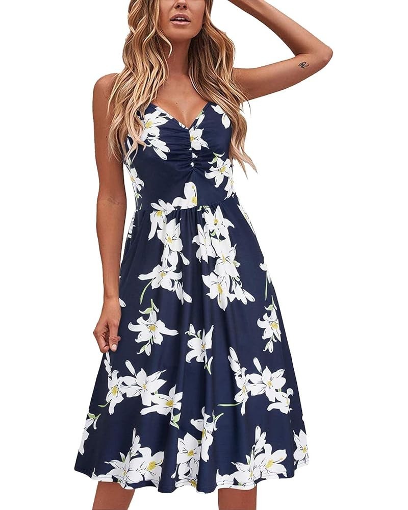 Women's Summer Casual Beach Dresses V Neck Spaghetti Straps Floral Backless Swing Mini Sun Dress C5a-navy $7.26 Swimsuits