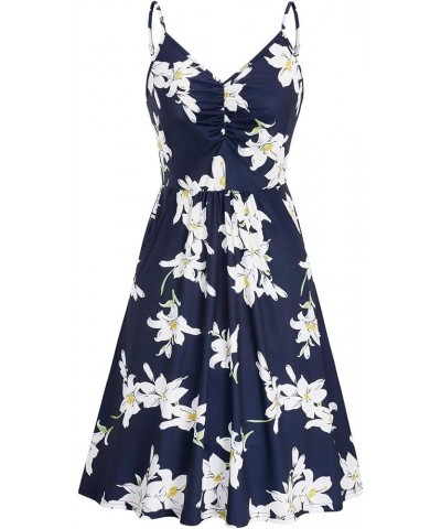 Women's Summer Casual Beach Dresses V Neck Spaghetti Straps Floral Backless Swing Mini Sun Dress C5a-navy $7.26 Swimsuits