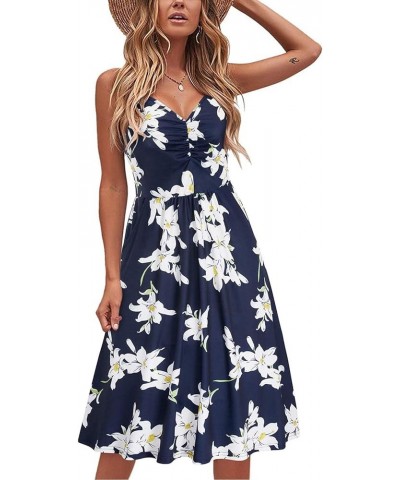 Women's Summer Casual Beach Dresses V Neck Spaghetti Straps Floral Backless Swing Mini Sun Dress C5a-navy $7.26 Swimsuits