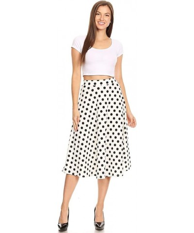 Women's Solid Print Casual Comfy Elastic A-line Knee Midi Skirt/Made in USA Hsk00131 Small Polka White $13.20 Skirts