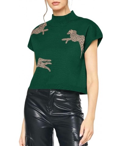 Womens Mock Neck Sleeveless Sweater Vest Leopard Print Cap Sleeve Casual Loose Knit Crop Tops Dark Green $18.23 Sweaters