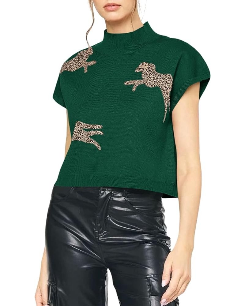 Womens Mock Neck Sleeveless Sweater Vest Leopard Print Cap Sleeve Casual Loose Knit Crop Tops Dark Green $18.23 Sweaters