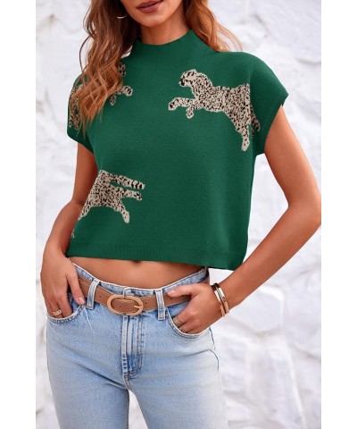 Womens Mock Neck Sleeveless Sweater Vest Leopard Print Cap Sleeve Casual Loose Knit Crop Tops Dark Green $18.23 Sweaters