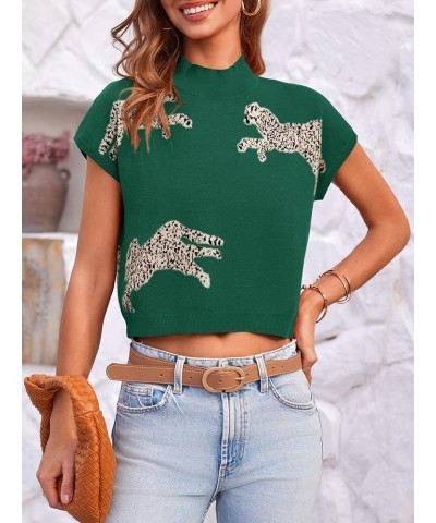 Womens Mock Neck Sleeveless Sweater Vest Leopard Print Cap Sleeve Casual Loose Knit Crop Tops Dark Green $18.23 Sweaters