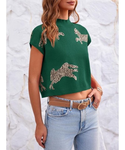 Womens Mock Neck Sleeveless Sweater Vest Leopard Print Cap Sleeve Casual Loose Knit Crop Tops Dark Green $18.23 Sweaters