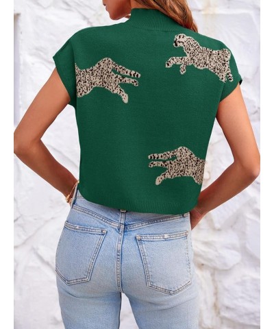 Womens Mock Neck Sleeveless Sweater Vest Leopard Print Cap Sleeve Casual Loose Knit Crop Tops Dark Green $18.23 Sweaters