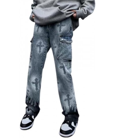 Y2K Cross Flame Graphic Wide Leg Denim Jeans Straight Casual Loose Baggy Trousers Vintage Streetwear Blue $13.86 Jeans