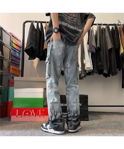 Y2K Cross Flame Graphic Wide Leg Denim Jeans Straight Casual Loose Baggy Trousers Vintage Streetwear Blue $13.86 Jeans